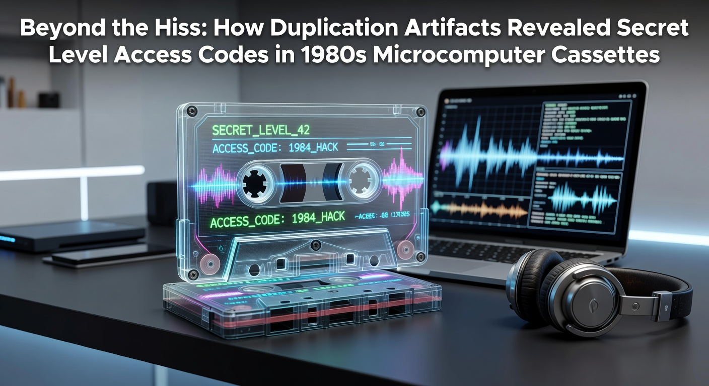 Close-up of a 1980s microcomputer cassette tape showing visible duplication wear and audio waveform patterns on the magnetic surface