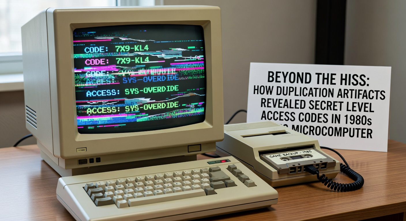 Vintage oscilloscope display capturing audio waveform artifacts from a duplicated 1980s microcomputer cassette with highlighted secret code pulses
