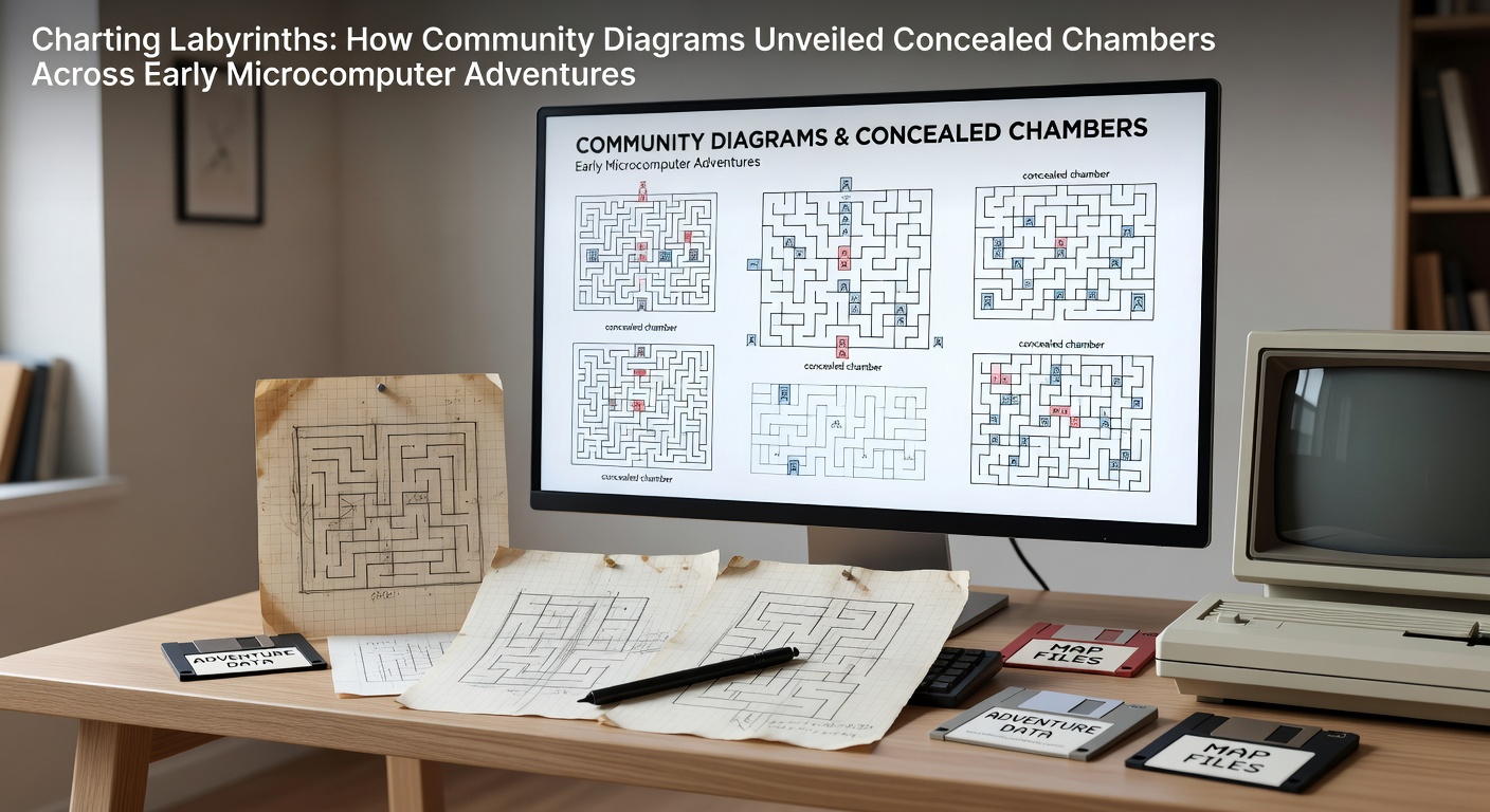 Detailed hand-drawn community map showing interconnected rooms and hidden passages in a classic microcomputer adventure game