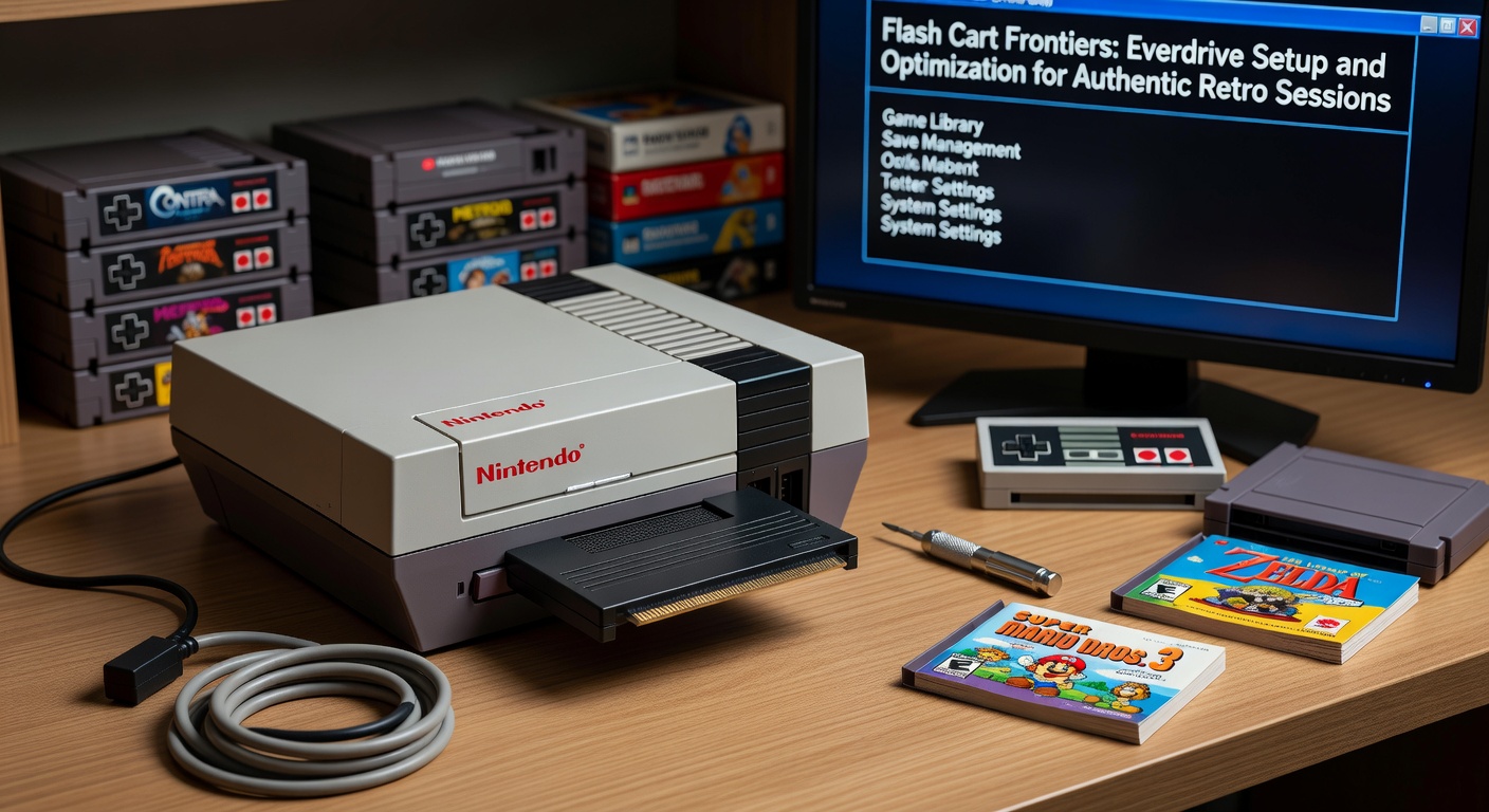 Everdrive flash cart inserted into a Super Nintendo console, showcasing the menu interface on screen with ROM selection options