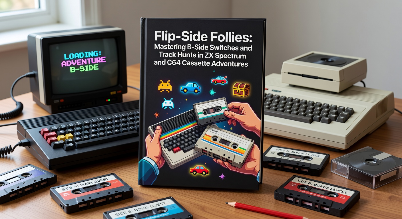 ZX Spectrum user carefully flipping a cassette tape mid-load, with loading screen paused on screen