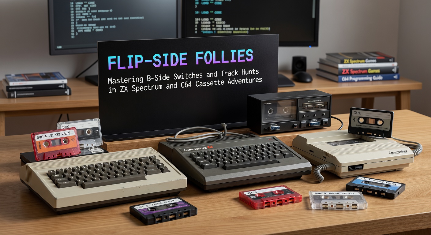 Close-up of Commodore 64 Datasette with C64 loading a multi-track cassette game, error screen faintly visible