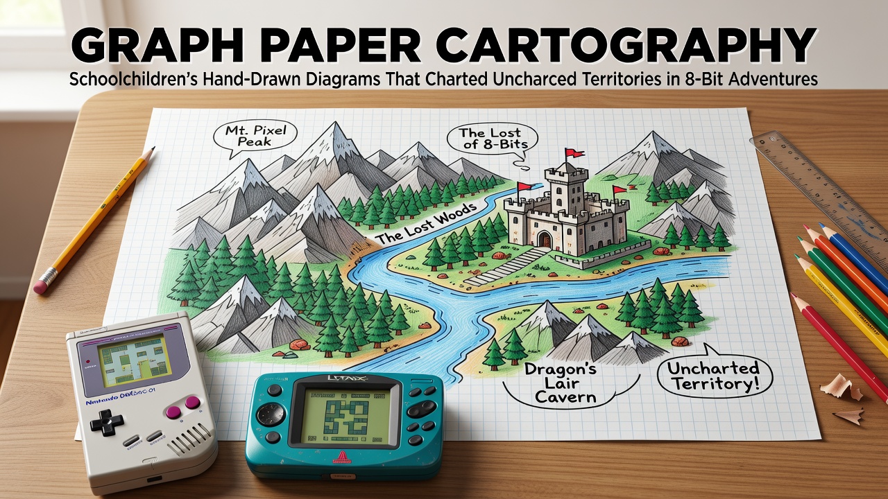 Hand-drawn graph paper maps from 1980s schoolchildren showing detailed 8-bit adventure game layouts with grids and annotations