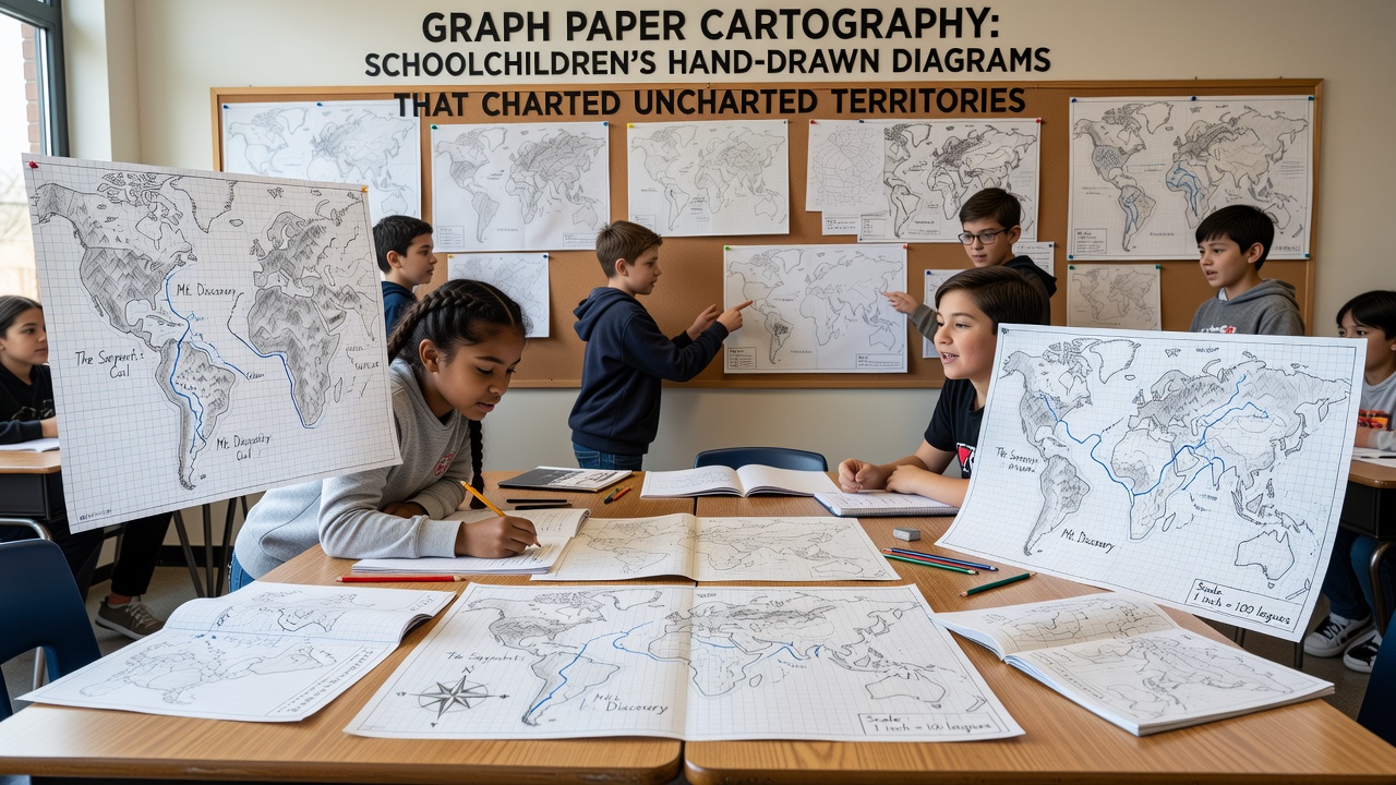Detailed close-up of a multi-page graph paper map with pencil sketches, colored annotations, and room connections from an 8-bit adventure game