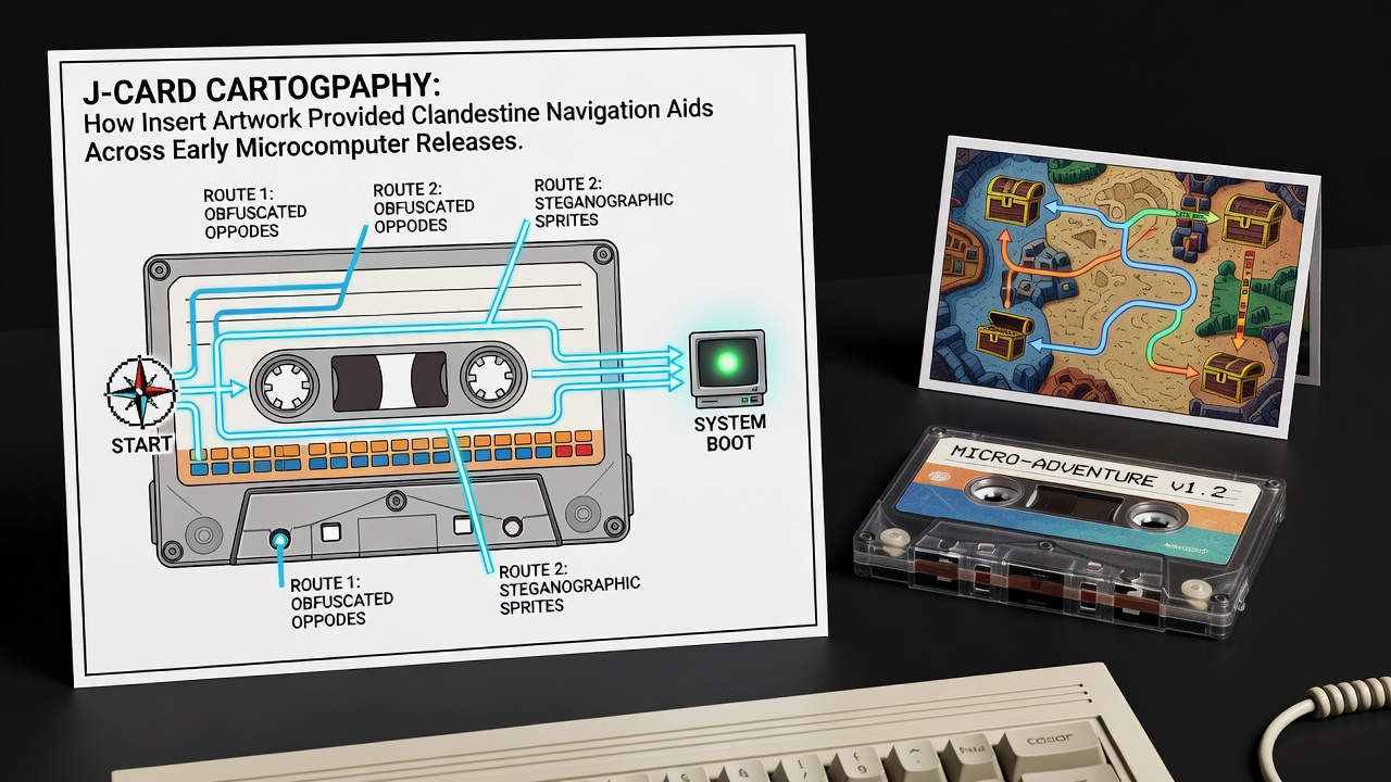 Vintage J-card inserts from 1980s microcomputer cassette releases displaying intricate artwork with embedded map elements and directional symbols