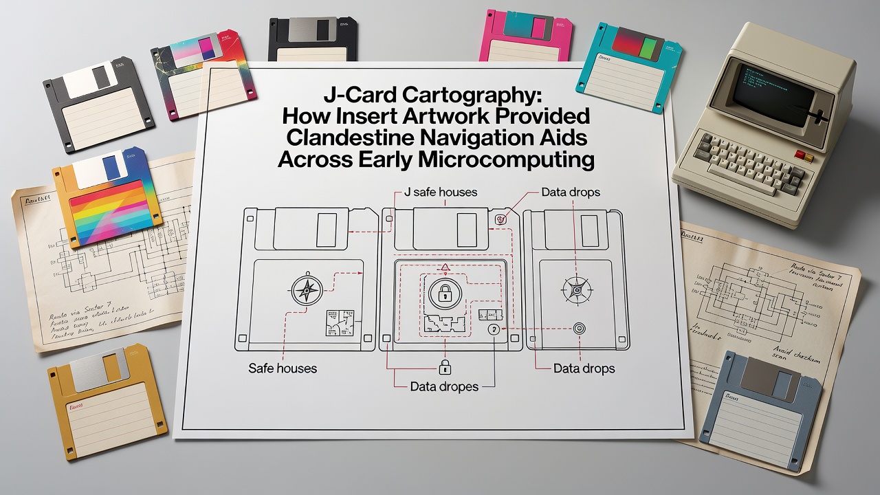 Close-up view of 1980s cassette J-card artwork revealing overlaid grid patterns and symbolic landmarks used for in-game navigation