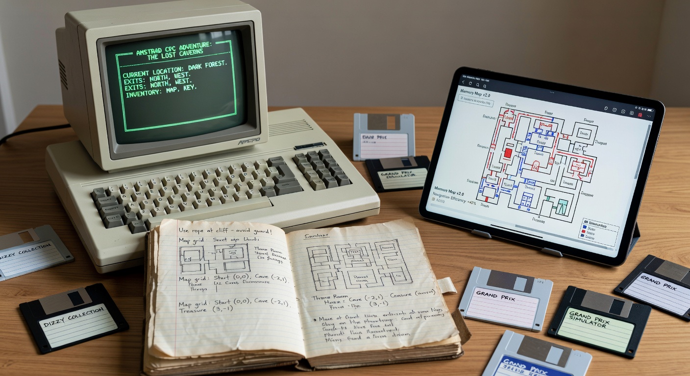 Hand-drawn memory map on graph paper detailing Amstrad CPC adventure locations and connections