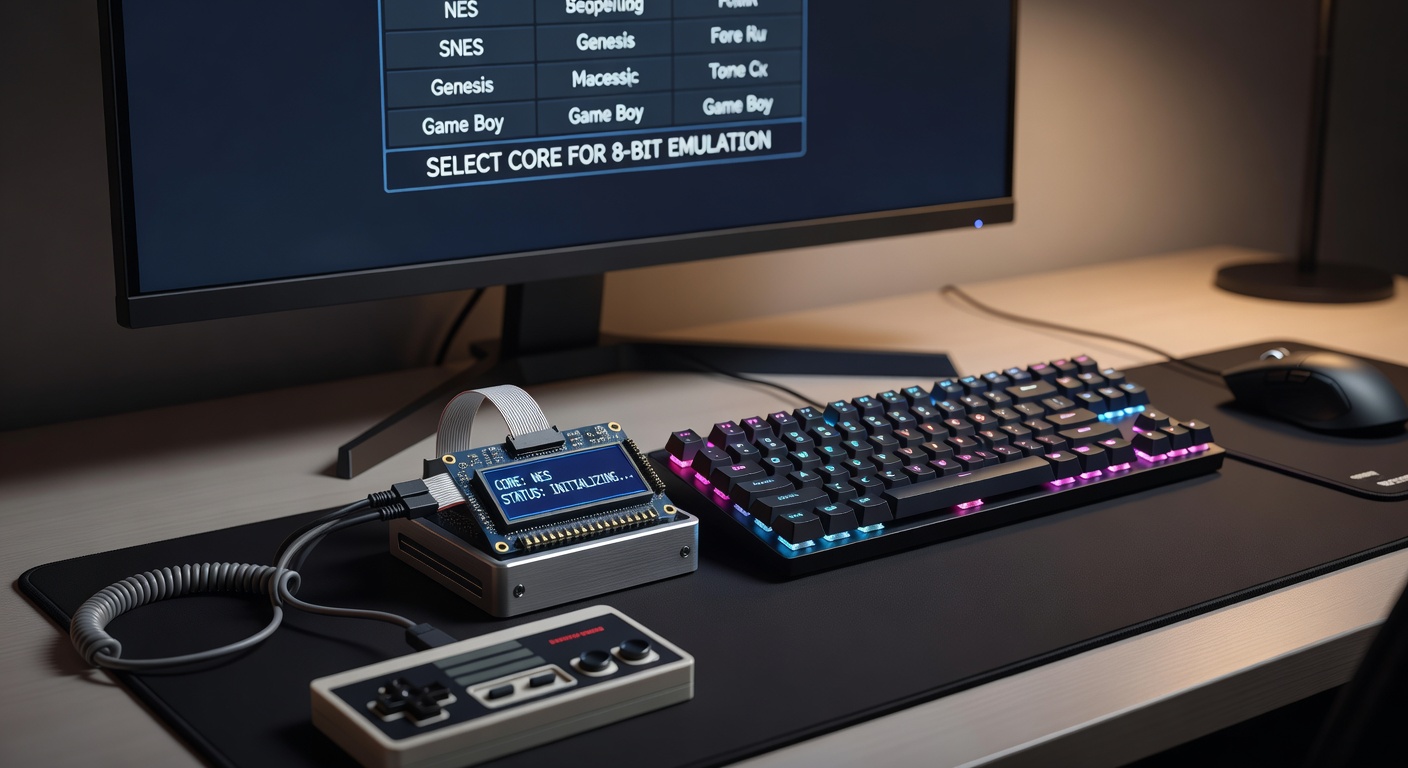 MiSTer FPGA board with DE10-Nano and connected peripherals displaying a classic 8-bit game menu