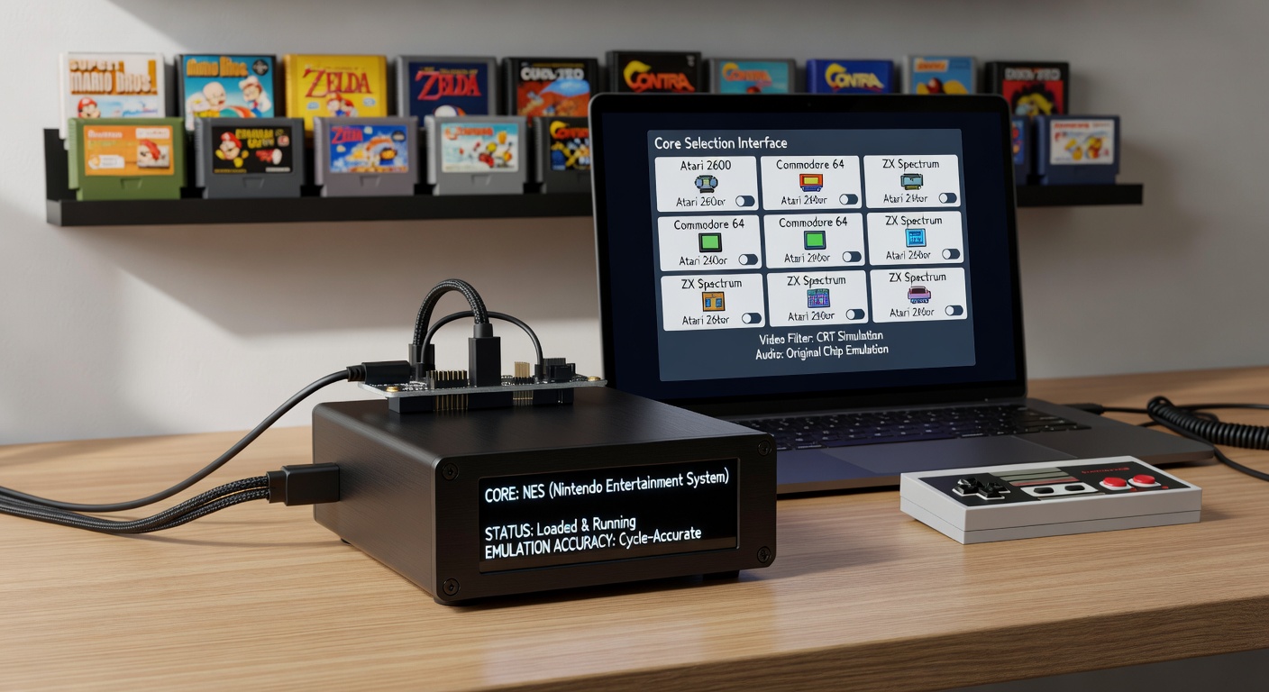 MiSTer OSD menu showcasing available 8-bit cores like NES, C64, and Atari 2600 with file browser open