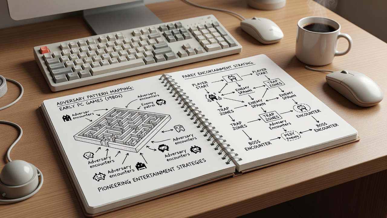 Detailed notebook page with grid-based maps of adversary attack patterns, timing charts, and multi-level enemy behavior breakdowns from 8-bit era titles