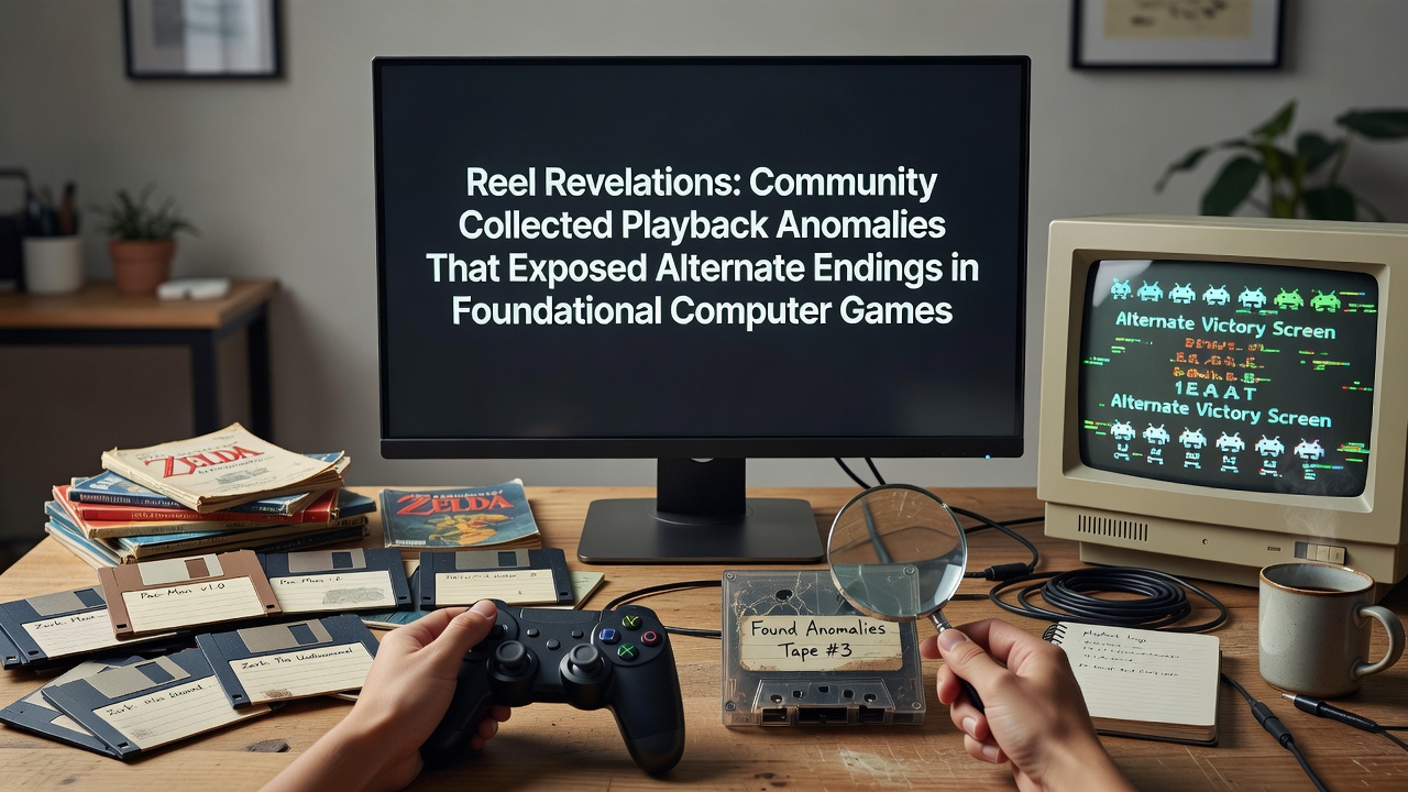 Vintage cassette tapes and early computer hardware arranged to illustrate playback anomalies in foundational games