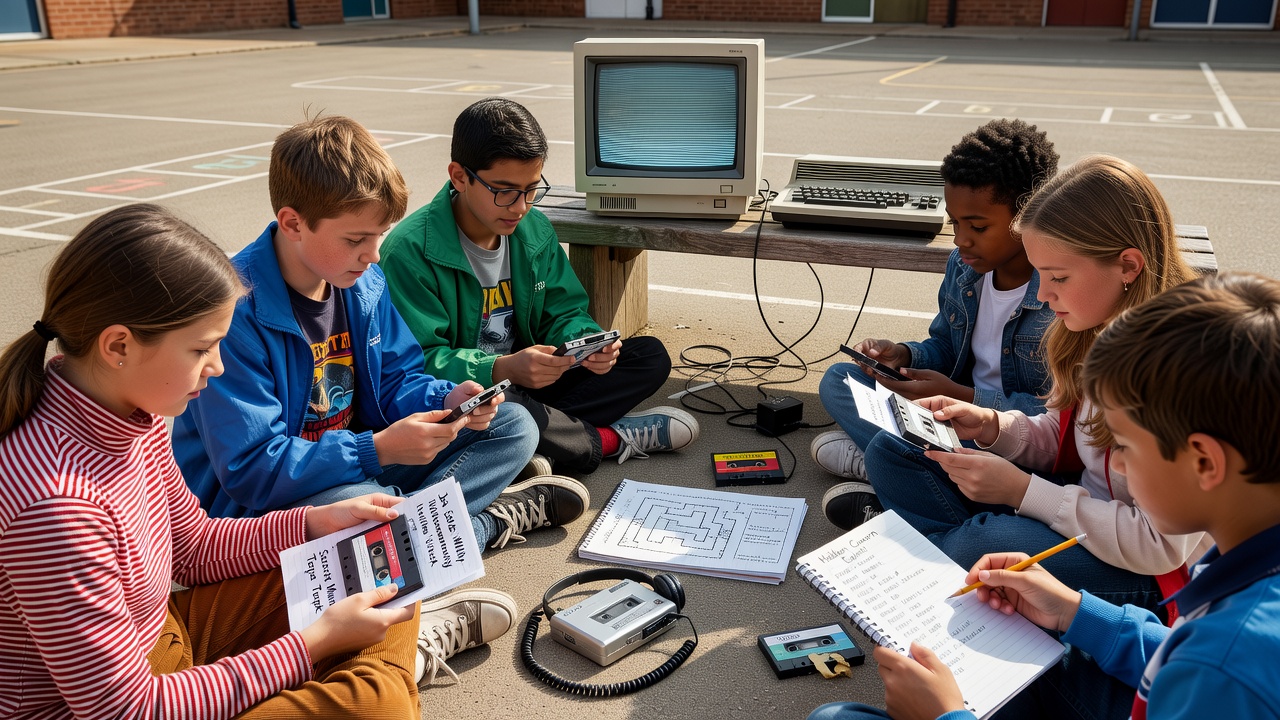 Children trading cassette tapes on a school playground during the 1980s microcomputer era