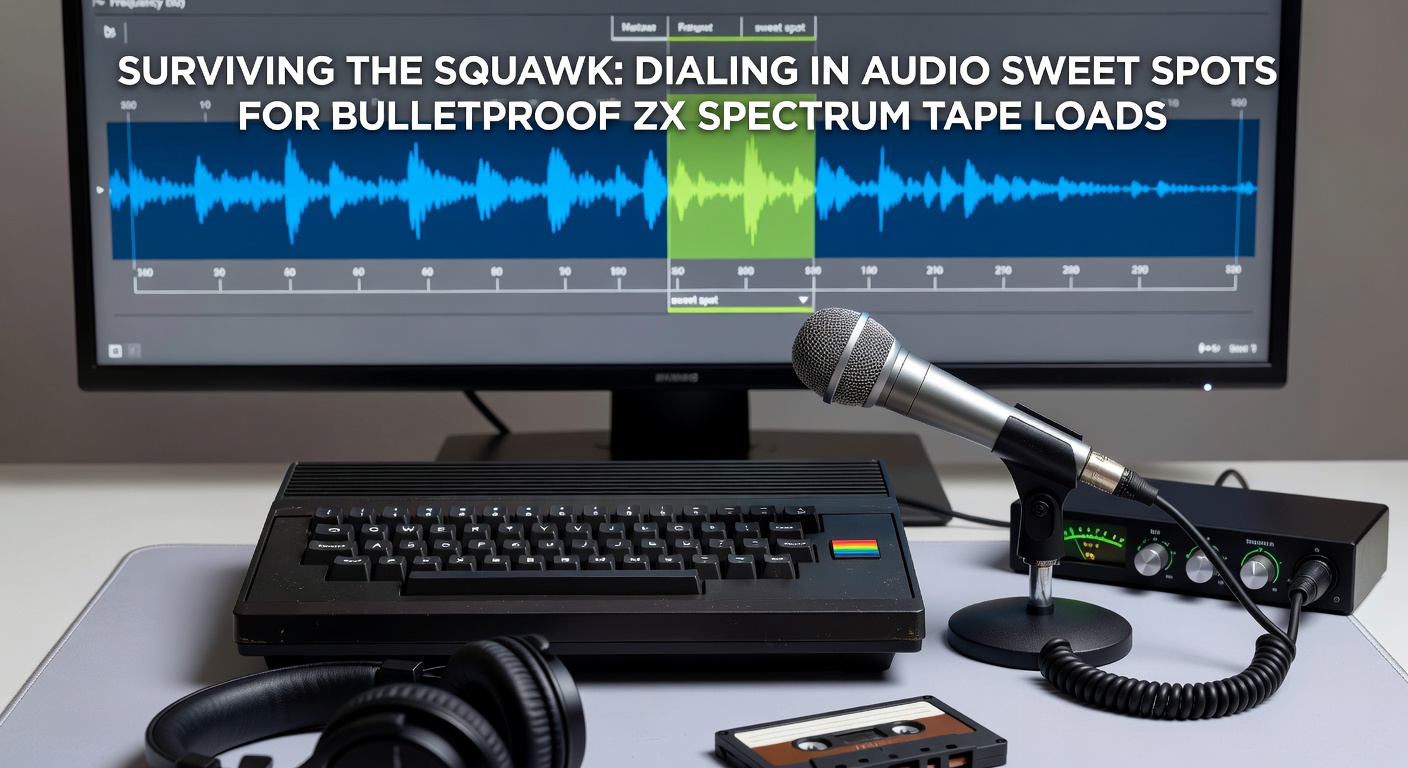 Oscilloscope trace displaying perfect ZX Spectrum pilot tone and data pulses from a tuned cassette setup, with volume meter overlaid