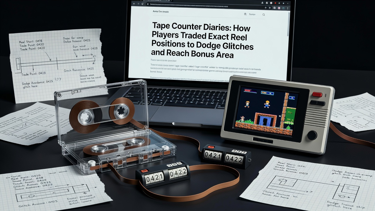 Annotated cassette tape labels showing reel position numbers and glitch avoidance notes from foundational 8-bit releases