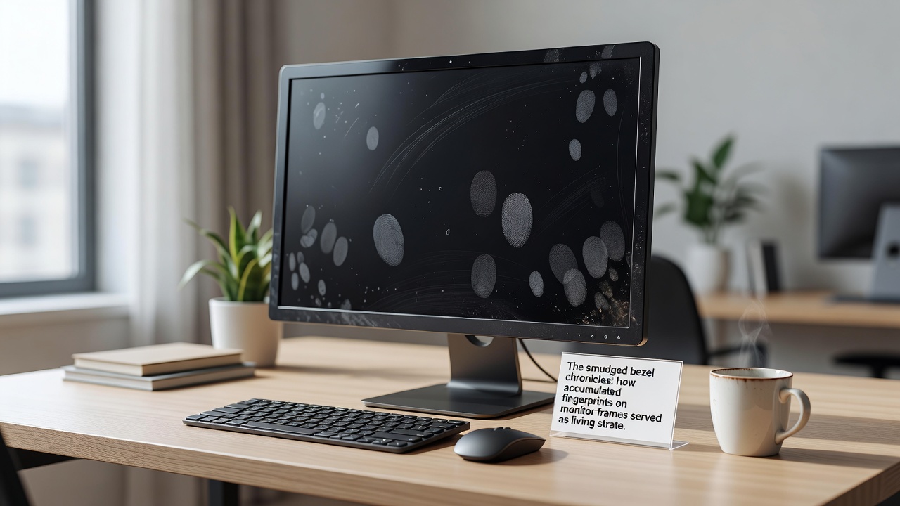 Vintage microcomputer setup displaying platform game action with visible fingerprint patterns along the monitor edge