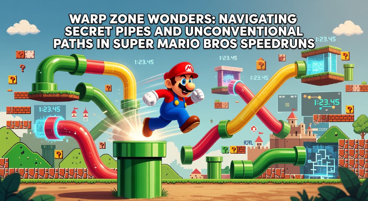 Close-up of a speedrun glitch in Super Mario Bros, showing Mario mid-jump emerging from a secret pipe in a dimly lit underground section with bricks and enemies